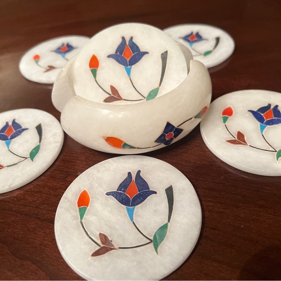 MARBLE Other - Tea Coaster Handmade Marble Flower gemstone inlay work Pietra Dura Coasters